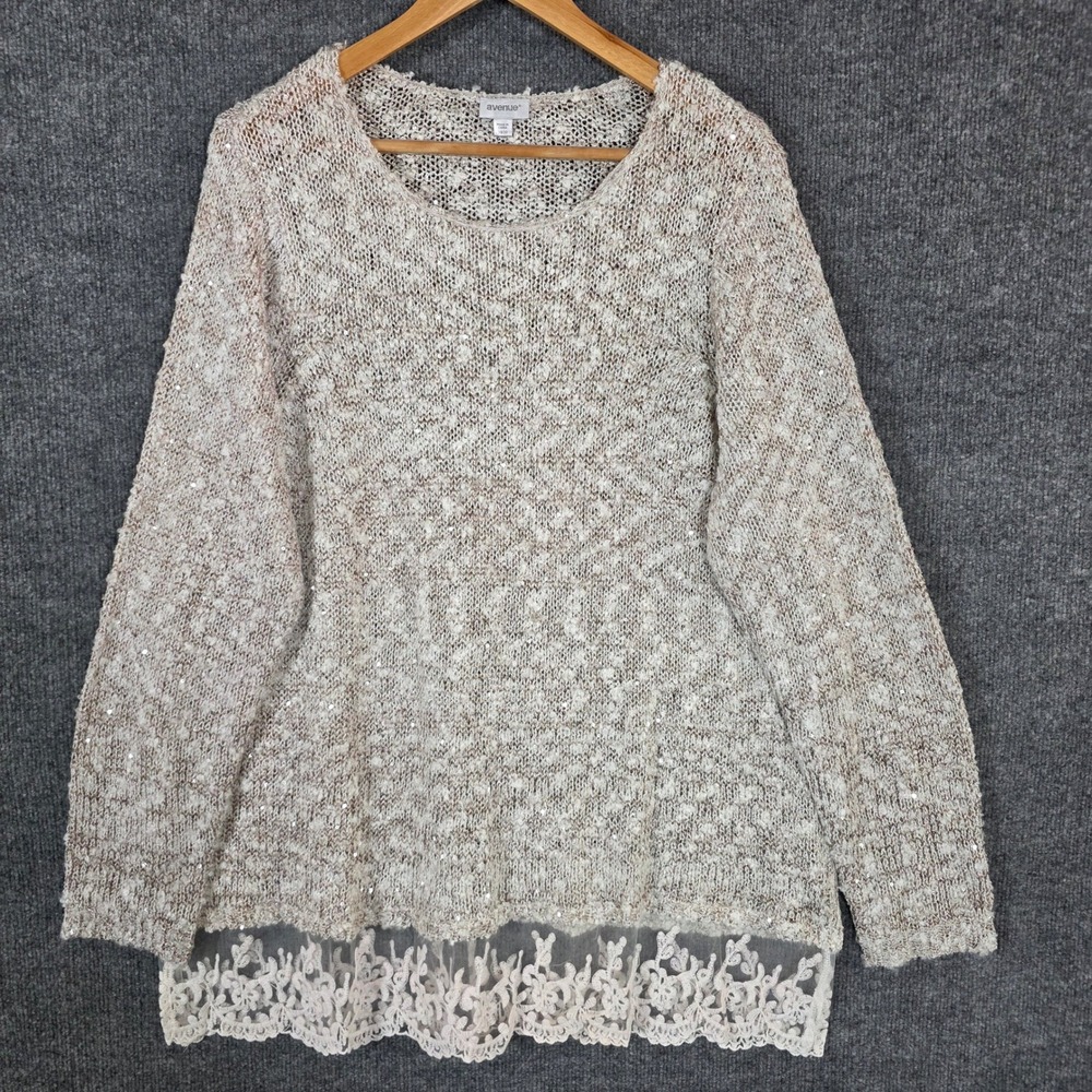 Avenue Womens 2X 18/20 Sequin Knit Sweater Beige Sheer Mesh Lace Trim Plus Size